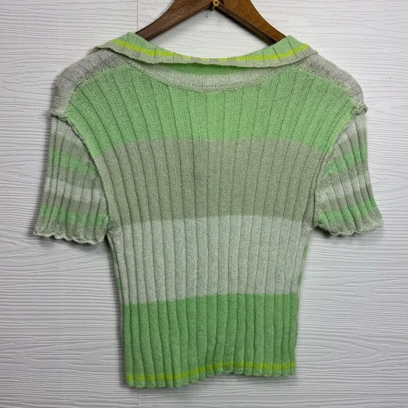 Free People Green White Collared Striped Button-Up Knit Top Flirt Cardi - Picture 7 of 8